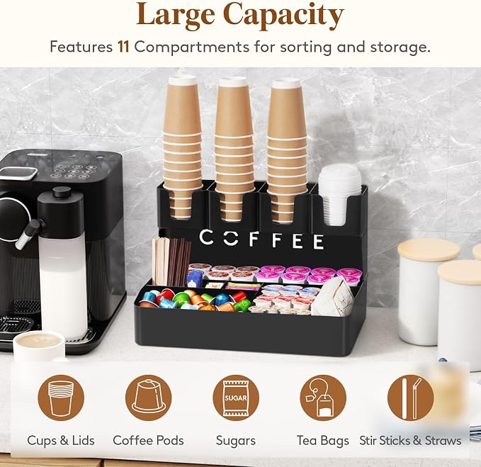 Lifewit 2-tier Coffee Station Organizer Caddy for Countertop, 11 Compartments Coffee Bar Organizers for Cups, Pods, Sugar, Compact Condiment Holders Storage for Office Breakroom Kitchen Home Black
