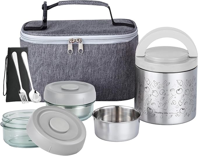 Lille Home Stainless Steel Thermal Lunch Box Set with Lunch Bag and Cultery | 22 Oz Vacuum Insulated Lunch Bento Box, to Keep Food Warm/Cool, 2 Small Food Container for Snack, Fruits and Sauces (Gray)