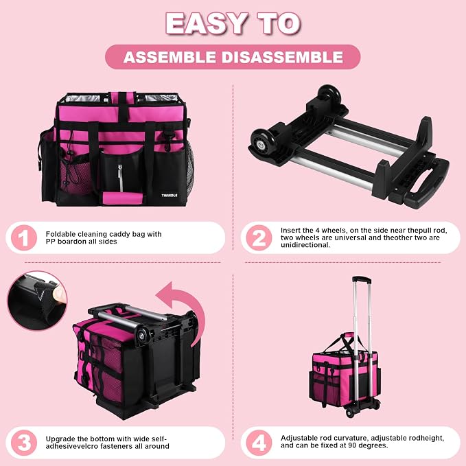 Cleaning Caddy with Wheels, Rolling Cleaning Supplies Organizer with Bottom Board, Dividers & Shoulder Strap, Portable Utility Tote with Small Trolley, Rose Pink