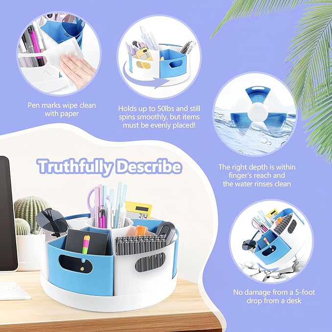 Rotating Art Supply Organizer Storage Caddy for Kids, 7 Bins Craft Crayon Marker Organizers for School Desk, Lazy Susan Pencil Holder for Classroom Organizations (blue and white)