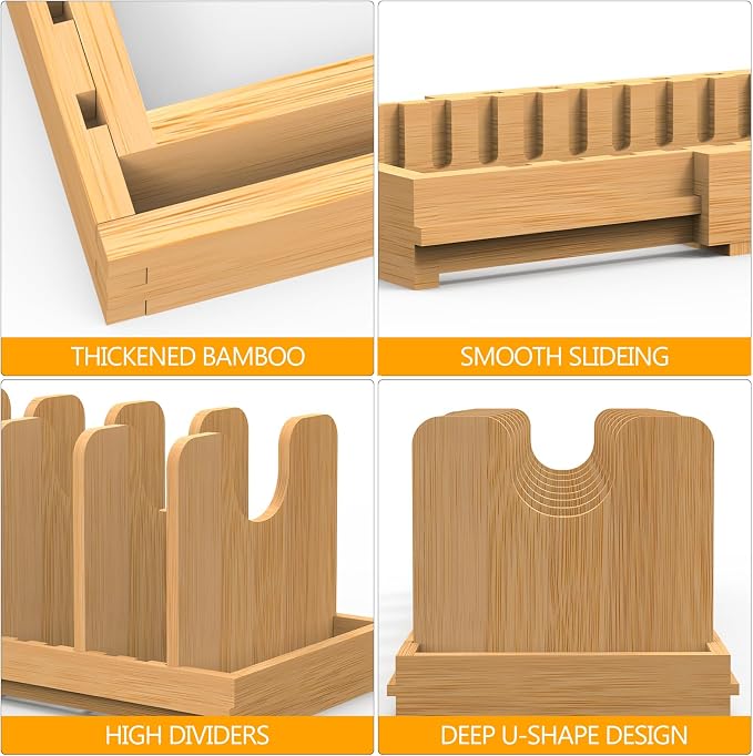 Pots and Pans Organizer under Cabinet,Pot and Pan Organizer,Lid Organizer | Expandable Bamboo Pan and Lid Organizer, 16" to 28" Adjustable Length and 10 Dividers