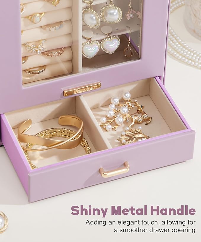 Homde Display Jewelry Box for Girls: Starter Organizer with Clear Window | Vertical Drawers for Earrings Rings Necklaces - Compact Footprint Fits Small Vanities - Birthday&Graduation Gift for Teens