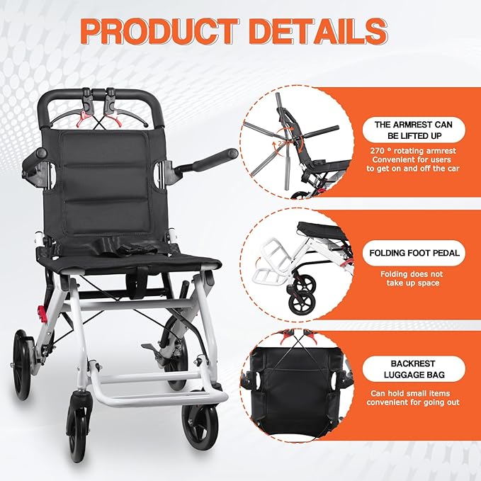Under 17.6 lbs! Lightweight Transport Wheelchair for Adults & Seniors, Portable Folding Wheelchair, Compact Travel Wheel Chair for Airplanes, Cars & Indoor Outdoor Use