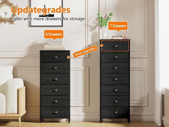 Furnulem Black Bedroom Dresser, Tall Chests of Drawers with 7 Fabric Bins | Sturdy Steel Frame, Wooden Top, Organizer in Closet, Tall Nightstand for Dorm, Living Room, Hallyway-Storage Tower Unit