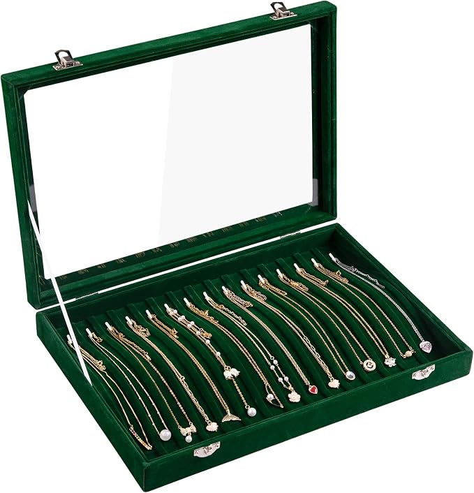 Frebeauty 15 Hooks Necklace Organizer,Velvet Necklace Holder Tray with Lid | Jewelry Organizer for Necklace Pendant Chain,Women Jewelry Box,for Home Use and Jewelry Store,Jewelry Display for Drawer