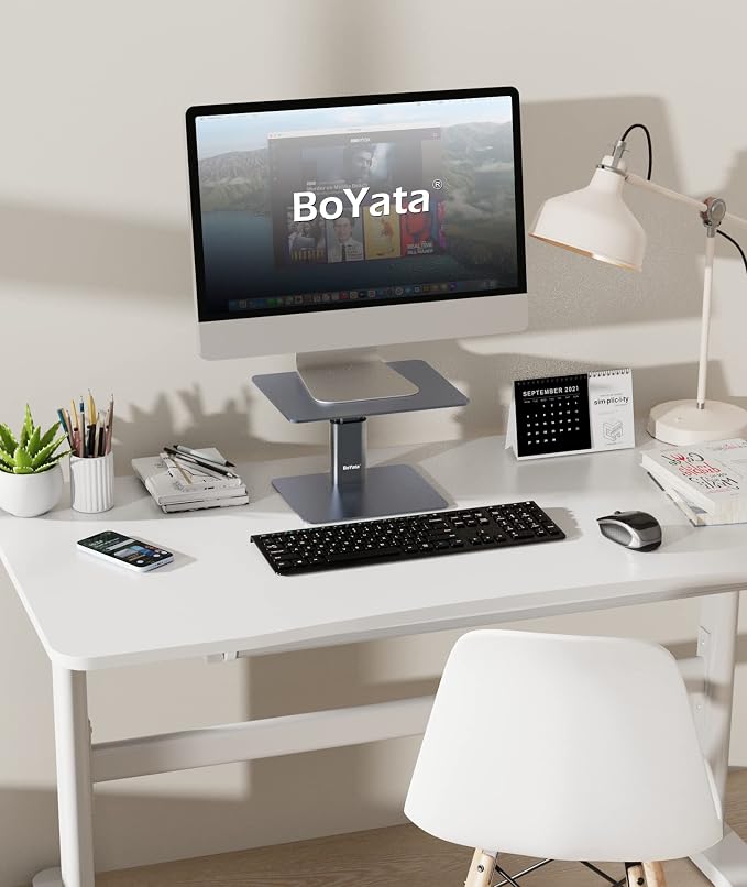 BoYata Monitor Stand, Adjustable Height Metal Desktop Riser, Space Gray | Height-adjustable metal riser with open storage space underneath for monitors, laptops, iMacs, PCs and TVs