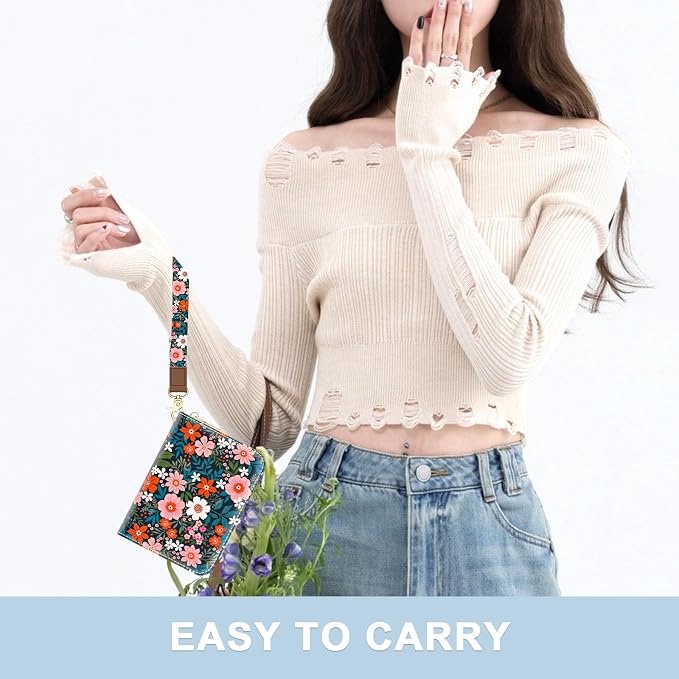 Aiawoxc Credit Card Holder, Small RFID Wallet Slim Leather Card Organizer Case with Zipper and Wristlet Strap, Cute Flowers