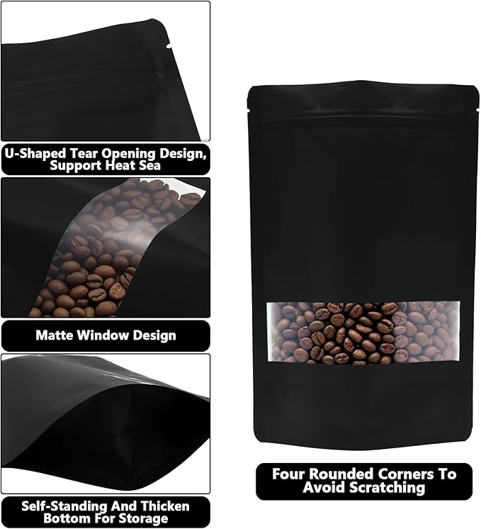 100PCS Foil Pouch Mylar Bags with Clear Window,ULIFESTAR Stand Up Sealable Bags with Tear Notches,Resealable for Food,Party Favors,Gift Packaging and Small Business(14 * 20cm/5.51 * 7.87",Black)