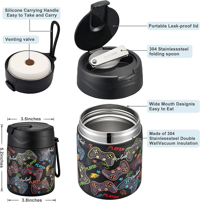 Howeemo 17oz Soup Thermo for Hot Food Kids,Insulated Food Jar with Spoon,Thermo Hot Food Lunch Container,Wide Mouth Leakproof Stainless Steel Lunch Box for School-Black Game