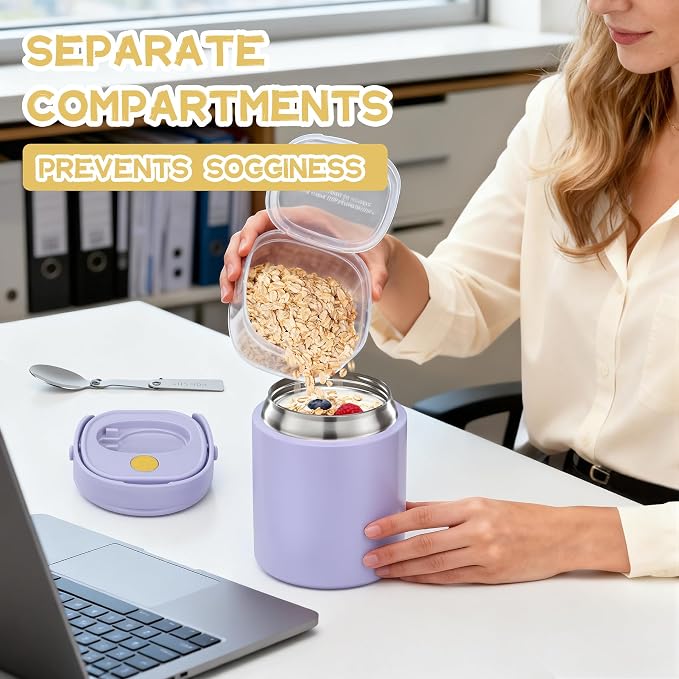 20oz Soup Thermo for Hot Food with a Snack Box Container，Leak Proof Insulated Lunch Container Kids and Adults，Stainless Steel Double Wall Vacuum Wide-mouth Food Jar with Spoon and Handle（Purple）