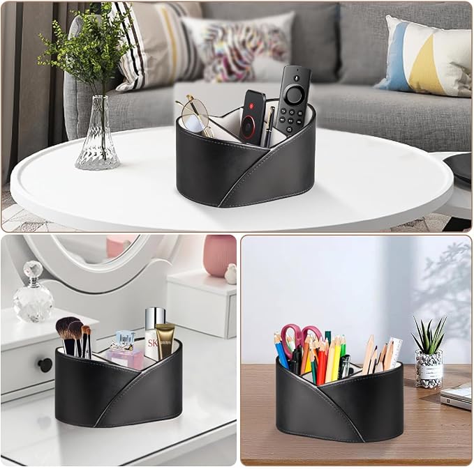 YAPISHI Leather Remote Control Holder for Table,TV Remotes Caddy 3 Grid Desk Organizer and Accessories Storage for Controllers/Stationery/Supplies, Modern Decorations for Living Room Nightstand Black