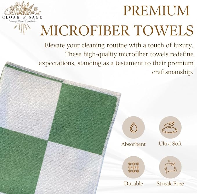 Microfiber Cleaning Cloths 13x13 – Lint-Free, Streak-Free Reusable Towels for Kitchen, Glass, Bathroom & Car | Cloak & Sage