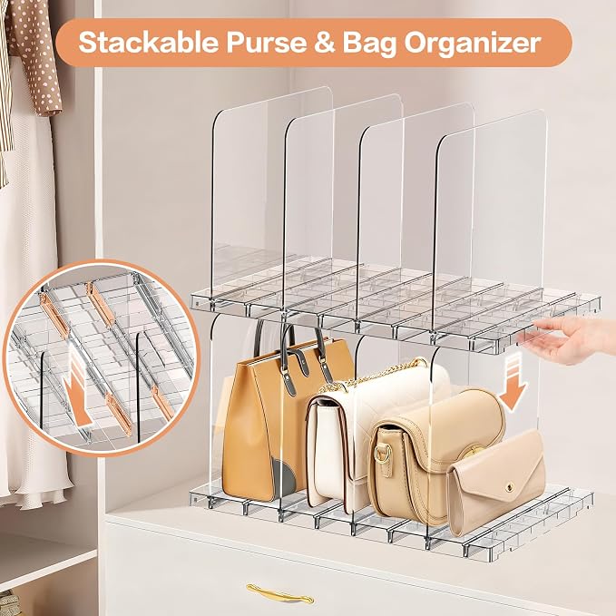 Stackable Purse Organizer for Closet Shelf, Acrylic 4 Set | Adjustable Dividers, Modular purse storage System, for Handbag Wallet Paper Bag, for Woman, Keep Upright Storage