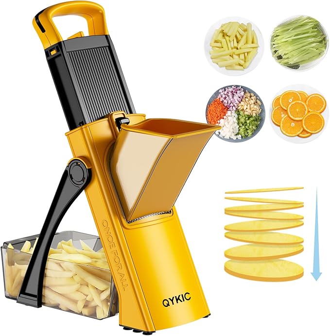 QYKIC Upgrade Safe Mandoline Slicer for Kitchen, Vegetable Chopper and Slicer, Potato Slicer Thickness Adjuster, French Fry Cutter, Veggie Onion Dicer Faster Kitchen Mandolin for Meal Prep