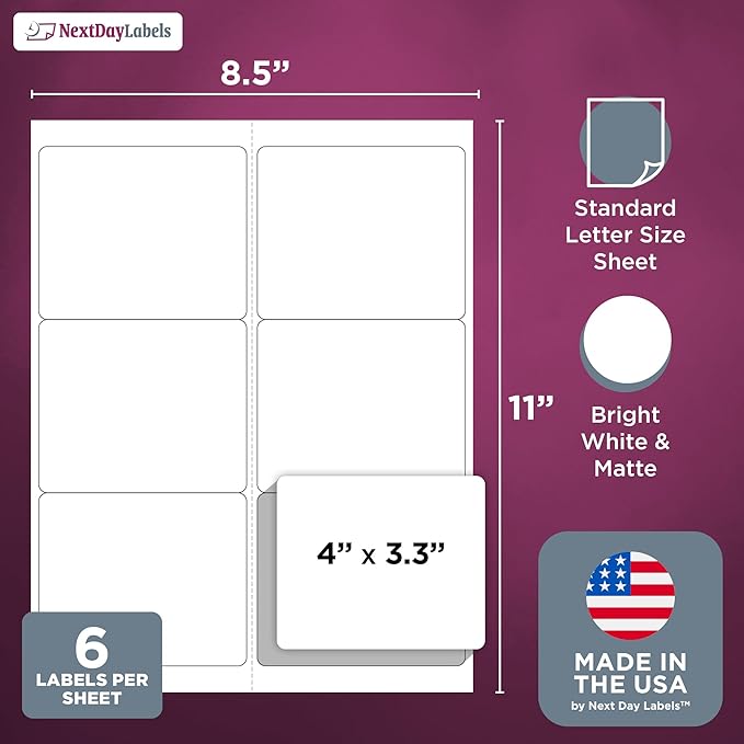 NextDayLabels 4x3.33 Inch Rectangle Stickers White Blank Labels for Laser Inkjet Printer - 6 Per Sheet Self-Adhesive Shipping Address Mailing Made in USA - 1500 Labels