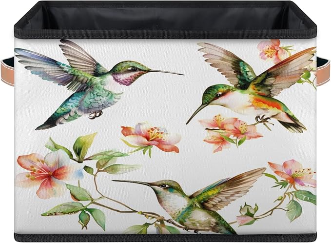 Hummingbird Closet Storage Bin, Foldable Storage Baskets for Shelves, Decorative Shelf Organizer Flower Bird Colourful Fabric Cube Bin for Living Room Bedroom Home Dorm