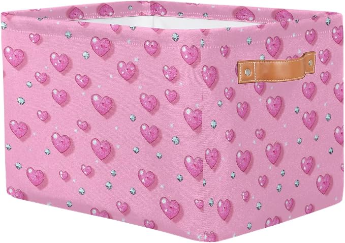 Cube Storage Bins for Shelves, Glitter Pink Hearts And Diamond Collapsible Fabric Toys Storage Basket Box with Handles for Home Office Bedroom Closet