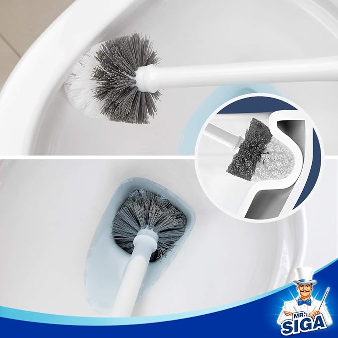 MR.SIGA Toilet Bowl Brush and Holder, Sturdy Long Handle, White, 2 Pack | Automatic Lid Design, toilet brush and holder set with replaceable toilet head, toilet bowl cleaner brush, toilet scrubber