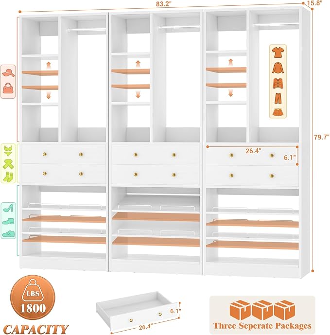 Besiost Closet System, 84"/7 FT Closet Organizer System with Drawers and Shelves, Walk-in Closets Systems, Free Standing Reach in Closet Tower, Load 1800+LBS, White 3 Pack