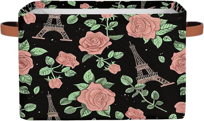 Rectangular Storage Bins Pink Rose Eiffel Tower Pattern Collapsible Fabric Storage Basket Organizer with Handles for Nursery Bedroom Bathroom