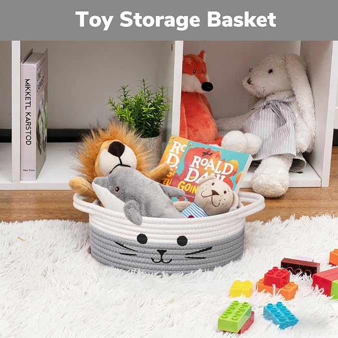 Cute Cat Toy Basket, Gift Baskets Empty for Home Decor, Baby Basket for Baby Shower, Small Cotton Rope Baskets for Pets Toys, White & Grey, 9.8 x 4 inches