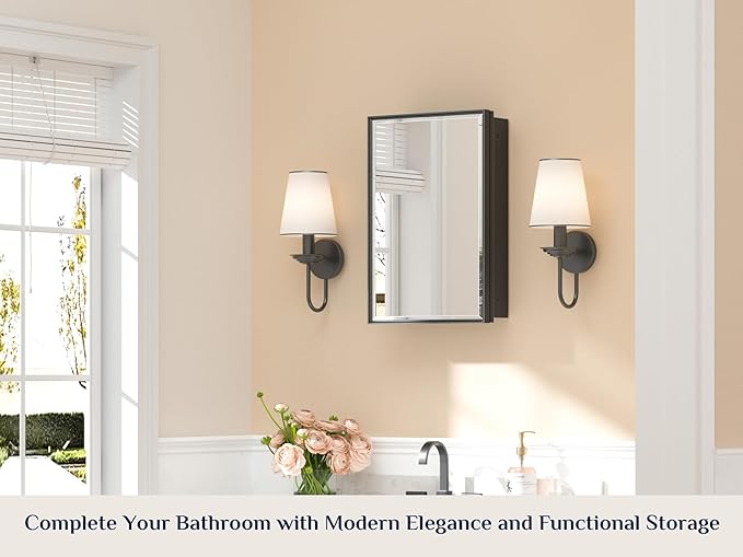 Keonjinn 16" x 24" Black Medicine Cabinets for Bathroom with Mirror Recessed or Surface Wall-Mounted Aluminum Alloy Framed Beveled Mirror, Single Door Metal Bathroom Vanity Mirror with Storage Cabinet