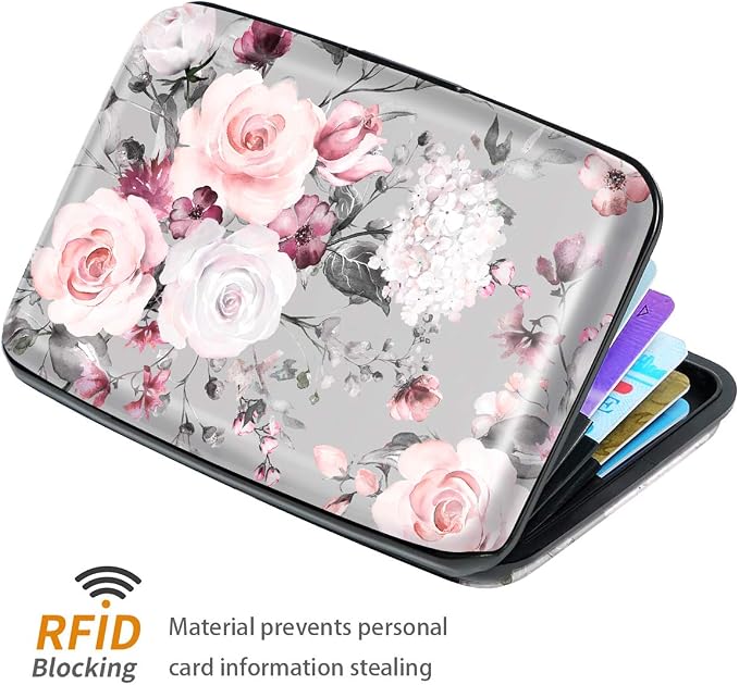 Coco Rossi Credit Card Holder RFID Aluminum Small Mini Wallet Women | Metal Wallet, Business Cards Holder, ID Case, Slim Sleeves, Womens Girls Gift, Carry Proof Wallets for Travel, Grey Flower