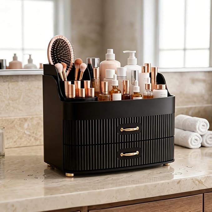 Makeup Organizer for Countertop Vanity Skincare Storage for Perfume Lipstick Bathroom Dresser Desk with Drawers And Brush Holder (Black)