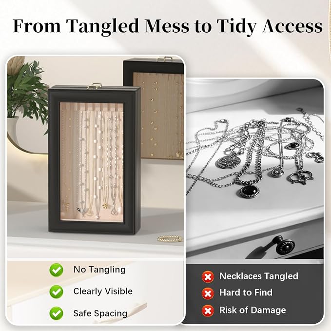 2-Layer Necklace Organizer Box with Double-Sided Clear Lid, Black | Jewelry Storage Case, Anti-Tangle Necklaces Display Holder for Pendants Bracelets, Jewelry Organizer for Women Girls