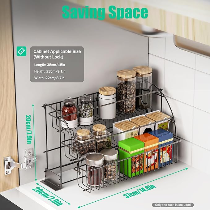 Spice Rack Organizer, 3 Tier Retractable Pull Down Cabinet Mount, Space Saving Design, Rust Resistant Heavy Duty with Railing Stopper & Mounting Screws for Kitchen Cabinet Pantry Cupboard