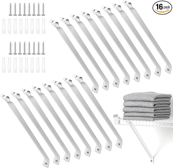 16 Pcs Support Brackets for 12in Wide Shelving Wire Wire Shelf Brackets Closet Rod Bracket Closet Support Bracket with Anchors and Pins for Installation Wires Shelving Supports Closets
