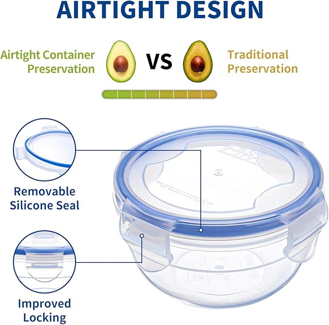 KIGI Leak-Proof Plastic Bowls, Airtight Lid, BPA Free, Ideal for Food Storage, Soup, Snack, Fruit, Meal Prep & Lunch, 4 Sided Locking Lid (2.5 Cup +1.25 cup) 12 Piece Set