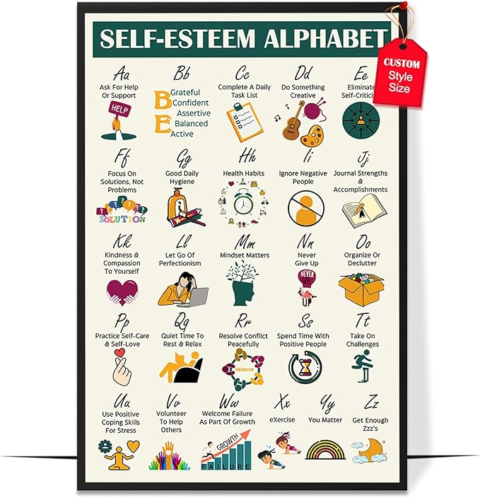 LOLUIS Mental Health Poster, Therapy Educational Supplies Art Print Classroom School Office Decor (Self Esteem Coping Skills Alphabet, Custom Frame Type)
