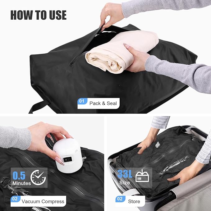 3PCS Vacuum Bags for Travel with Pump, 33L Large Vacuum Travel Bags with Pump, Reusable Vacuum Compression Bags, IP67 Waterproof Airtight Travel Bags for Luggage, Backpack & Suitcase, Black