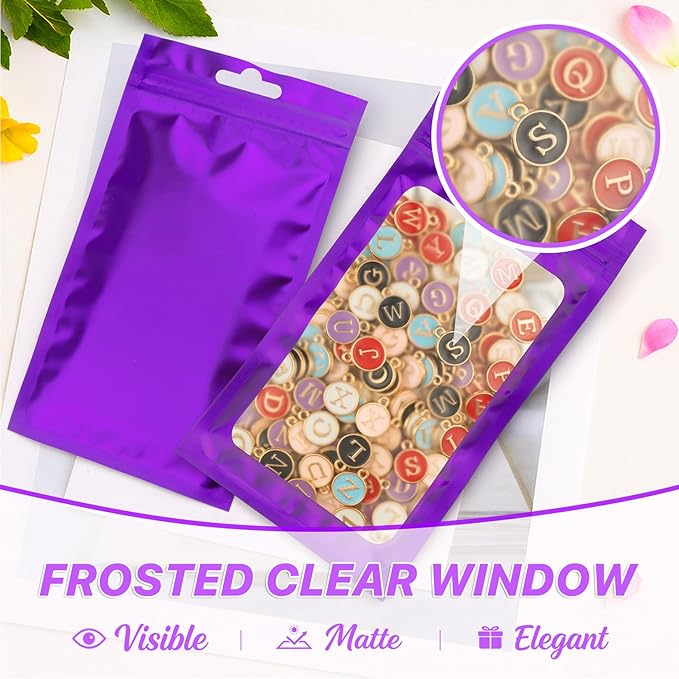 100 PCS Resealable Mylar Bags with Zip and Frosted Clear Window Smell Proof Packaging Bag Foil Pouch Zipper Bag for Food Self Sealing Storage Supplies (Purple, 5.12x8.27)