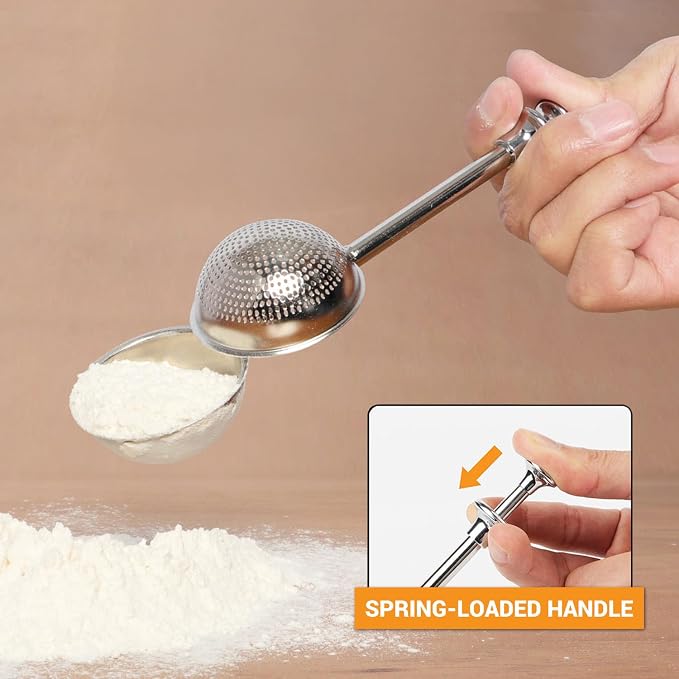 HULISEN Flour Duster, 304 Stainless Steel Flour Sifter for Baking | Spring-Press Handle, Dishwasher Safe, For Flour, Powdered Sugar, Fine Spices, Pick Up and Dust Flour Sifter, Gift Package