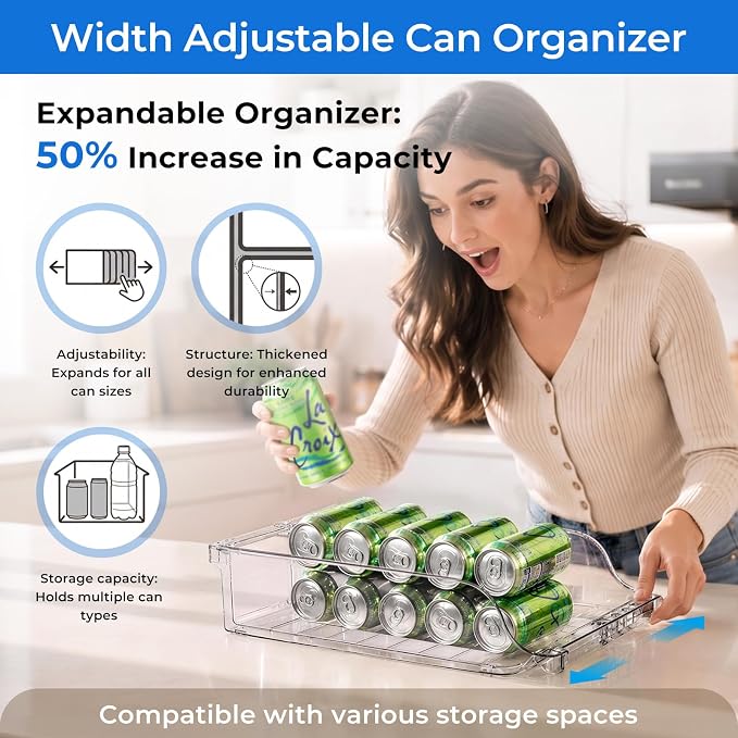 Clear Width Adjustable Soda Can Organizer for Refrigerator Expandable Soda Can Dispenser for Beer Soda Seltzer Pop Can Soda Expand Organizer for Fridge Kitchen Pantry