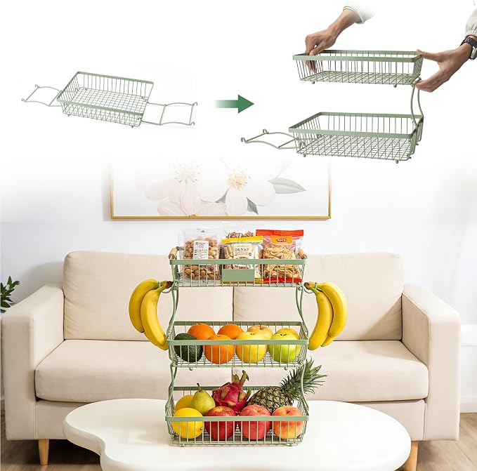 3 Tier Fruit Basket with 2 Banana Hangers, Countertop Fruit Vegetable Stand Produce Holder Organizer for Onion Potato Bread Snack Veggie Green