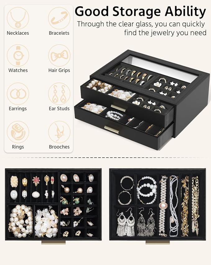AKOZLIN Jewelry Box with Clear Lid Functional Leather Jewelry Storage Organizer Case 2 Drawers for Women Girls Necklace Ring Bracelet Earring