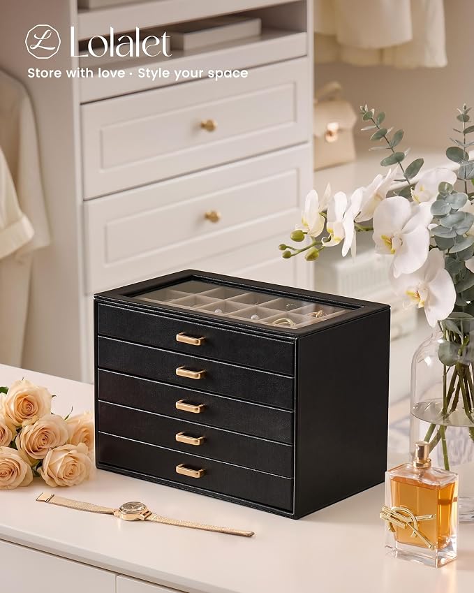 Lolalet Earring Organizer, Jewelry Box with Clear Lid -Black, 5 Layer | PU Leather, Velvet, Removable Dividers, Dustproof, Easy Clean, For Studs Rings, Gift for Women Girls, Home Aesthetic Decor