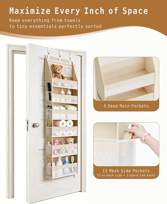 KMSCO Over The Door Organizer, 6 Large Pockets + 13 Mesh Side Pockets, Hanging Storage, 55lbs Capacity, Heavy Duty Non-Woven Fabric for Baby Nursery, Bathroom, Pantry, Closet, Beige, 1 Pack