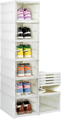 6 Tier Collapsible shoe rack, Drop front shoe box, White | No Assembly, Stackable, Clear Door, Plastic with Lids, Drop Front , Foldable Shoe Storage Box, shoe bin for entryway,
