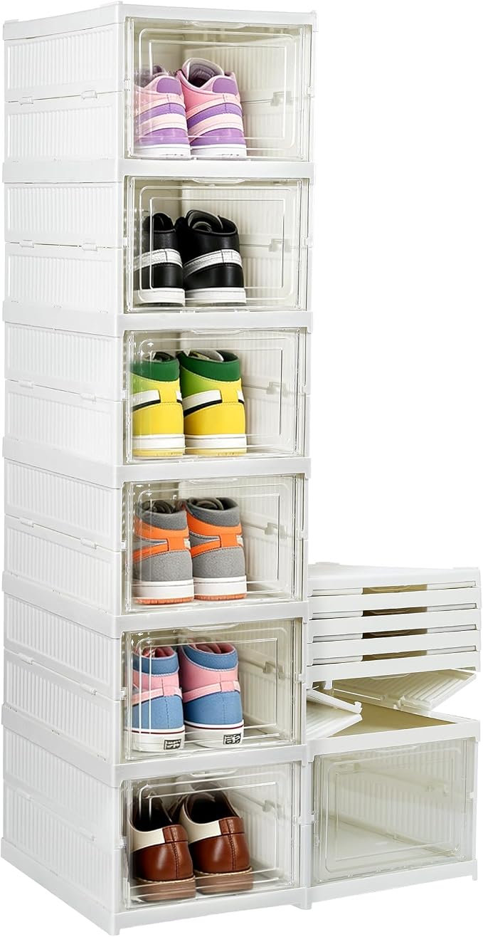 6 Tier Collapsible shoe rack, Drop front shoe box, White | No Assembly, Stackable, Clear Door, Plastic with Lids, Drop Front , Foldable Shoe Storage Box, shoe bin for entryway,
