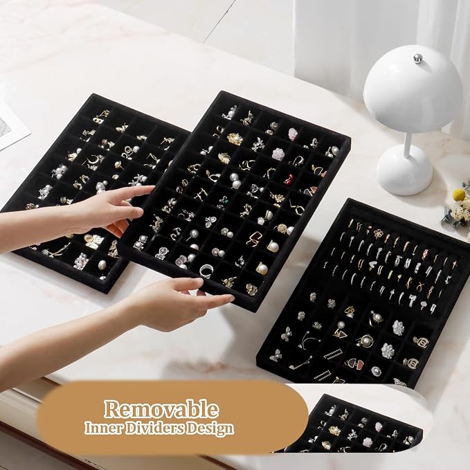 Large Jewelry Organizer for Drawer Insert Velvet Stackable Jewelry Trays for Earring Necklace Bracelet Ring Display (Black, 24 Grids)