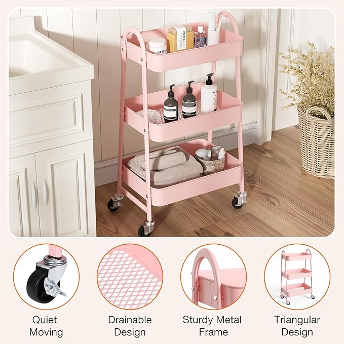 NEWBULIG 3-Tier Metal Rolling Cart with Lockable Wheels, Heavy Duty Mobile Utility Storage Shelf, Roller Book Snack Cart, Organization for Livingroom, Bathroom, Office, Pink