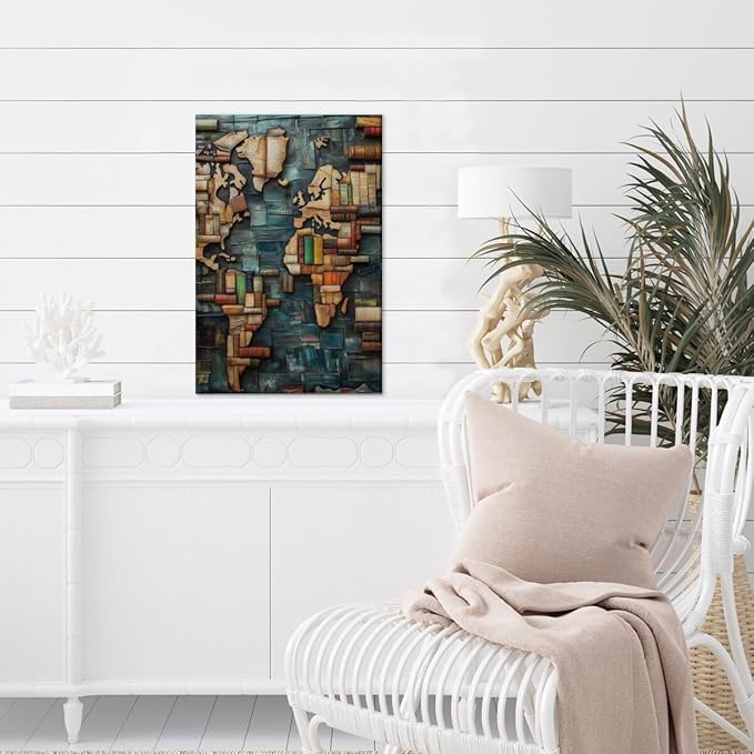 World Map Book Adventure Vintage Library Art Aesthetic Poster Canvas Wall Art Decoration Living Room Home Decor Bedroom Decoration Poster Framed12x18inch