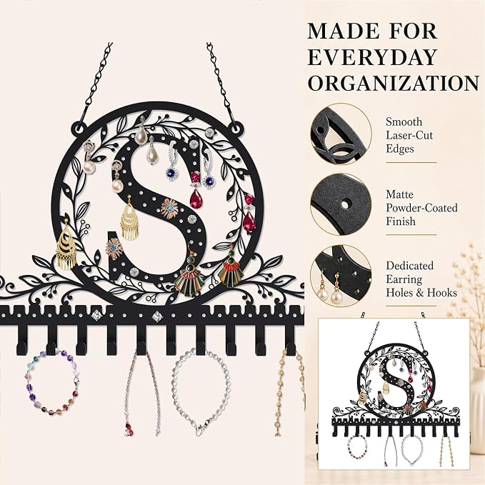 Personalized Wall Mounted Metal Initial Letter S Earring Holder Jewelry Organizer for Earrings and Necklaces Space Saving Wall Display with Hooks Jewelry Storage Bedroom Vanity Gift for Women