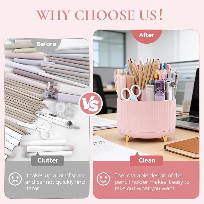 KONVINIT Pencil Pen Holder for Desk, 5 Slots 360 - Degree Rotating Desktop Organizer, Cute Desk Organizers and Accessories for School, Home, Office and Art Supply, Pink