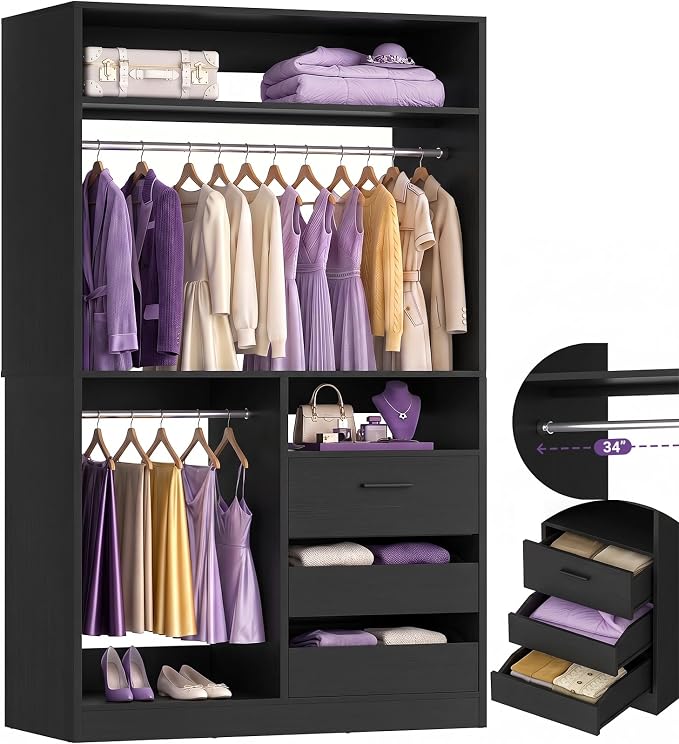 iSunirm 36'' Closet System with Long Hanging Rods, 3FT Modular Closet Organizer System with 4 Shelves, Wood Walk-in Closet with Closed & 2 Half-Open Drawers, 80" H Adjustable Garment Rack, Black