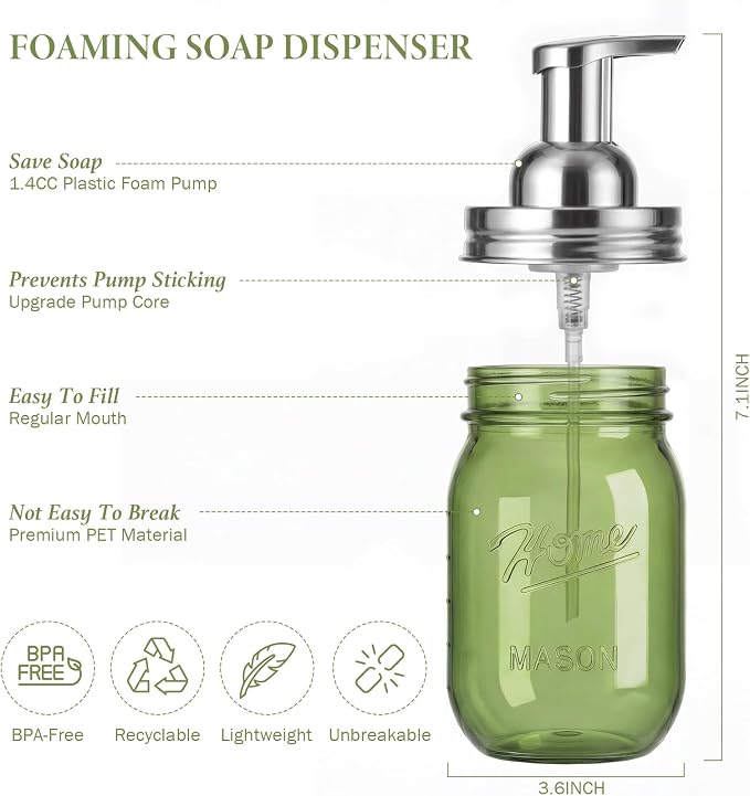 Amolliar Plastic Mason Jar Foaming Soap Dispenser Pump Lid, 16oz Foam Soap Dispenser with Cute Lables - Green Refillable Hand Soap Dispenser for Bathroom Kitchen Shower (2 Pack, Silver)
